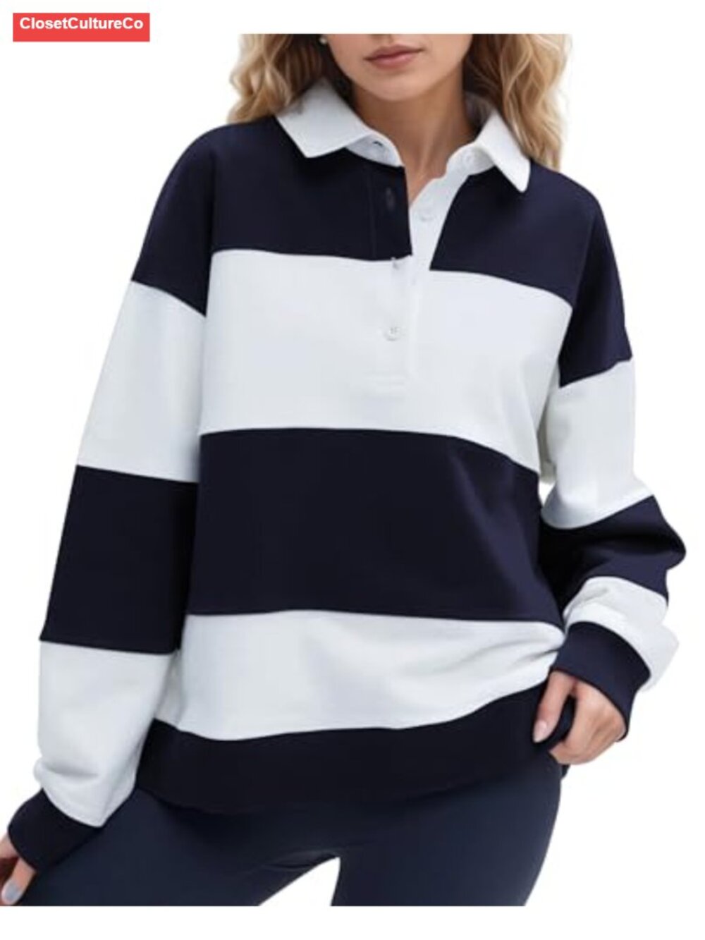 Oversized Striped Color Block Polo Sweatshirt Long Sleeve Lapel Collared Rugby